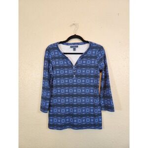 Karen Scott Women's 3/4-Sleeve Blue Green‎ Snowflake Print Henley Top Size XS